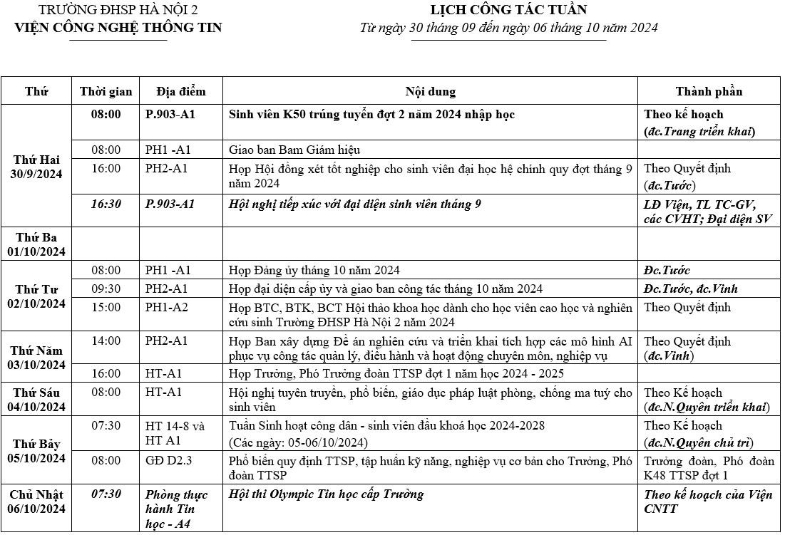 Lịch công tác tuần 10, năm học 2024-2025